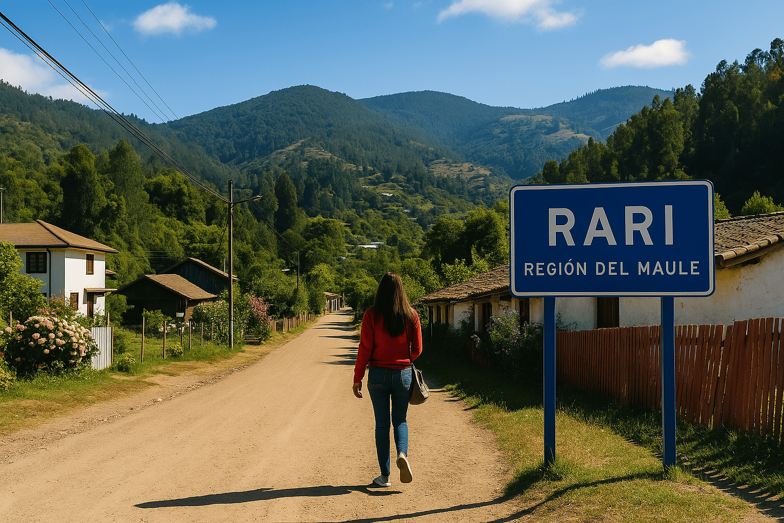"Vista de la pintoresca localidad de Rari, en la Región del Maule, rodeada de vegetación y montañas, famosa por su artesanía en crin de caballo